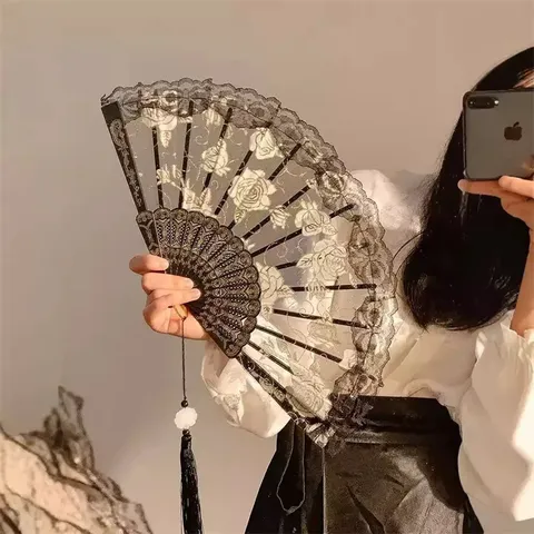 Neu Chinesisch Vintage Spitze Rose Fächer Damen Tanz Fotografie Hanfu Qipao Requisite Schwarz Weiß Klappbarer Handfächer