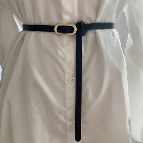 Minimalist PU Leather Belt For Women Slim Dress Suit Waist Band Gold Oval Metal Buckle Casual Everyday Fashion Accessory