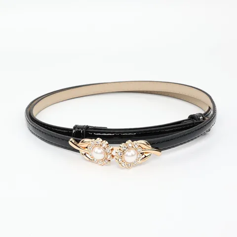 Cintura da Donna Slim in Pelle PU Fibbia in Metallo con Fiore di Perla Strass Accessorio per Cintura Regolabile