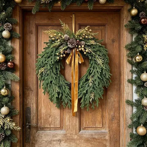 Christmas Norfolk Pine Wreath With Velvet Bow Pine Cones Golden Berries For Front Door Wall Hanging Decor Festive Garland