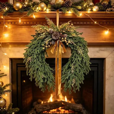 Christmas Norfolk Pine Wreath With Velvet Bow Pine Cones Golden Berries For Front Door Wall Hanging Decor Festive Garland