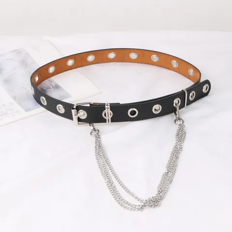 Cintura in Pelle da Donna Stile Punk Cintura Nera con Catene in Metallo Occhielli Fascia in Vita alla Moda per Ragazze Quotidiano