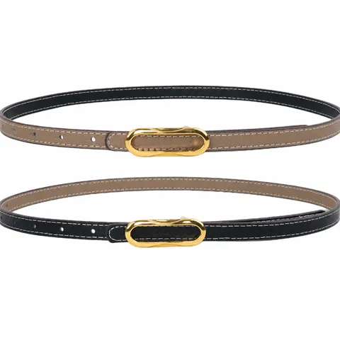 Damen Echtleder Gürtel Doppelseitig Wandelbar Schmaler Kleid Gürtel Mit Gold Legierung Schnalle Für Mantel Hose Mode
