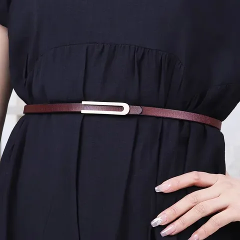 Cintura Sottile in Vera Pelle Retro da Donna Fibbia Metallica Dorata Fascia per Abito alla Moda Accessori per Catena in Vita Decorativa