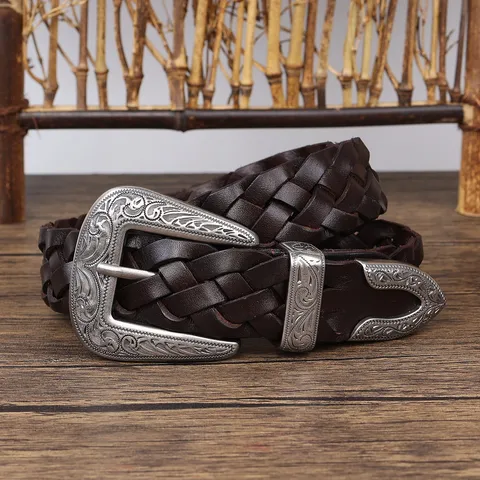 Vintage Women Braided Belt Genuine Cowhide Leather Niche Design Engraved Alloy Pin Buckle Casual Waistband Boho Western Accessories