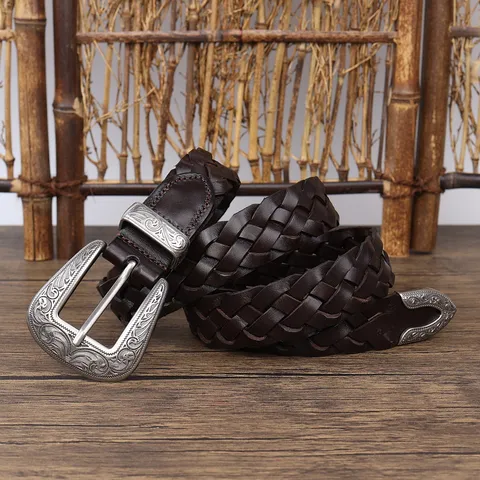 Vintage Women Braided Belt Genuine Cowhide Leather Niche Design Engraved Alloy Pin Buckle Casual Waistband Boho Western Accessories