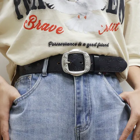 Cintura Vera Pelle Retrò Donna Fibbia Ardiglione Lega Intagliata Vintage Cintura Jeans Casual Accessori Moda