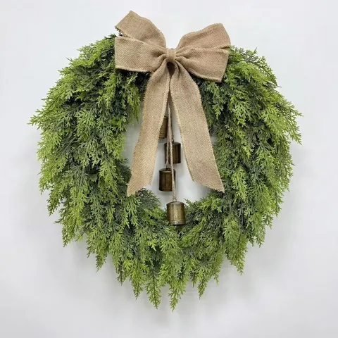 Heart Shaped Christmas Wreath With Burlap Bow Metal Bells PET Artificial Pine Cedar Foliage Front Door Wall Hanging Decor