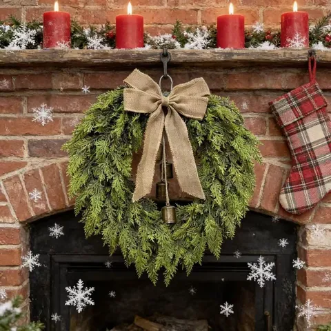 Heart Shaped Christmas Wreath With Burlap Bow Metal Bells PET Artificial Pine Cedar Foliage Front Door Wall Hanging Decor