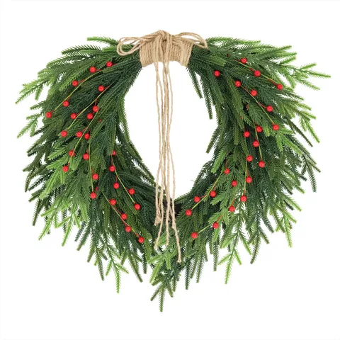 Norfolk Pine Christmas Wreath with Burlap Bow and Red Berries Artificial Greenery Wreath for Front Door Home Decor Holiday Wreath