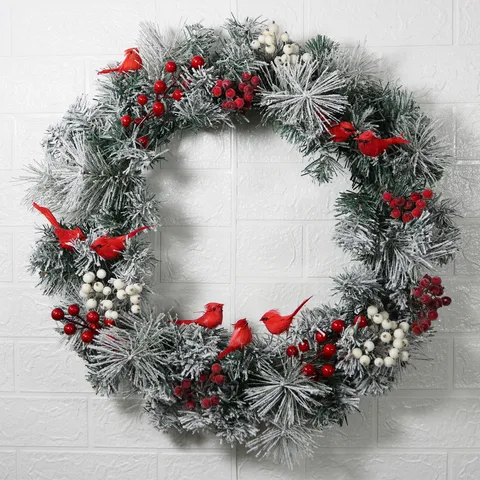 Christmas Wreath With Flocked Pine Needles Red Cardinal Birds Berries For Front Door Wall Hanging Winter Festive Decoration