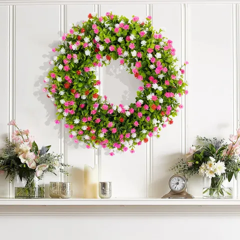 Artificial Eucalyptus Wreath With Colorful Starry Flowers Plastic Round Floral Wreath For Home Wall Front Door Decoration