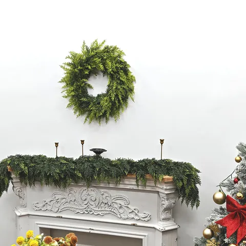 Realistic Artificial Christmas Cedar Wreath Soft PE Greenery Pine Garland For Front Door Hanging Holiday Home Wall Fireplace Decor