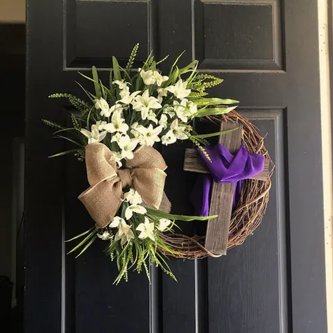 Easter Cross Wreath With White Lily Flowers Wooden Cross Burlap Bow Artificial Greenery Vine Door Hanging Decoration For Home