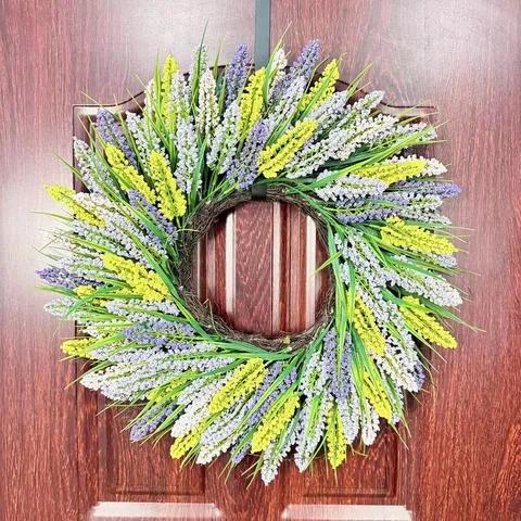 Frühlings Lavendel Turmgras Kranz Künstlicher Blumenkranz Für Haustür Home Decor Runder Rustikaler Kranz Lila Gelb