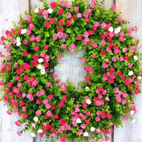 Artificial Eucalyptus Wreath With Colorful Starry Flowers Plastic Round Floral Wreath For Home Wall Front Door Decoration