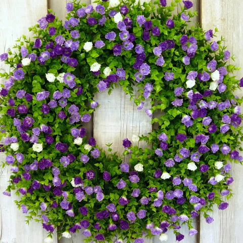 Artificial Eucalyptus Gypsophila Wreath Purple White Spring Summer Pastoral Floral Door Wreath For Wall Wedding Home Decoration