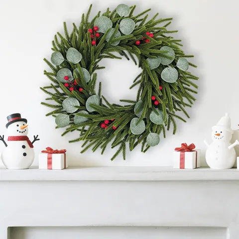 Christmas Wreath PTE Soft Rubber Eucalyptus Cypress Berry Garland For Front Door Wall Decor Artificial Holiday Wreath