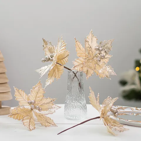 Elegant Christmas Flowers Artificial Glitter Champagne Floral Picks For Christmas Tree Holiday Home Table Decor Ornaments Handmade Mesh Cloth Flowers