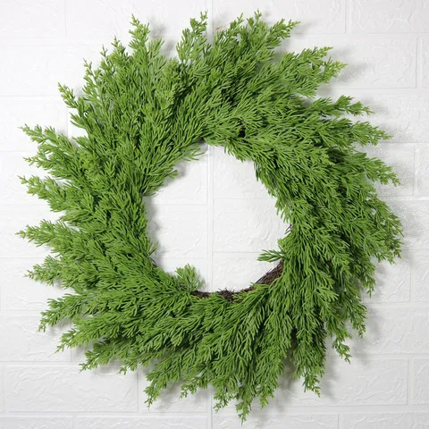20 Inch Artificial Green Pine Needle Christmas Wreath With Natural Rattan Base For Front Door Wall Fireplace Holiday Decoration