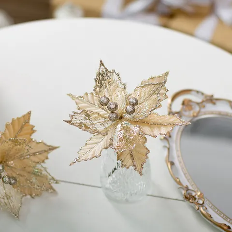 Elegant Christmas Flowers Artificial Glitter Champagne Floral Picks For Christmas Tree Holiday Home Table Decor Ornaments Handmade Mesh Cloth Flowers