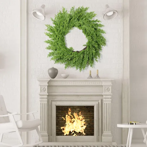 20 Inch Artificial Green Pine Needle Christmas Wreath With Natural Rattan Base For Front Door Wall Fireplace Holiday Decoration