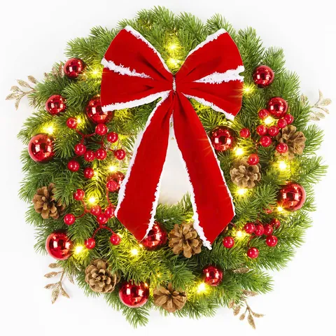 Handmade Artificial Christmas Wreath LED Light Up Garland Red Bow Pinecones Berries Front Door Wall Hanging Xmas Decoration Holiday Party Decor