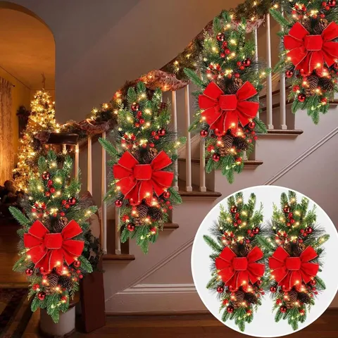 Christmas Staircase Garland Teardrop Swag With Red Bow Pine Cones Berries Artificial Greenery Nordic Holiday Home Door Wall Decor