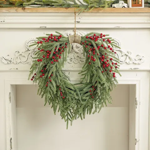 Large Artificial Christmas Berry Wreath Natural Rattan Base Pine Needle Wreath For Front Door Wall Fireplace Home Decor