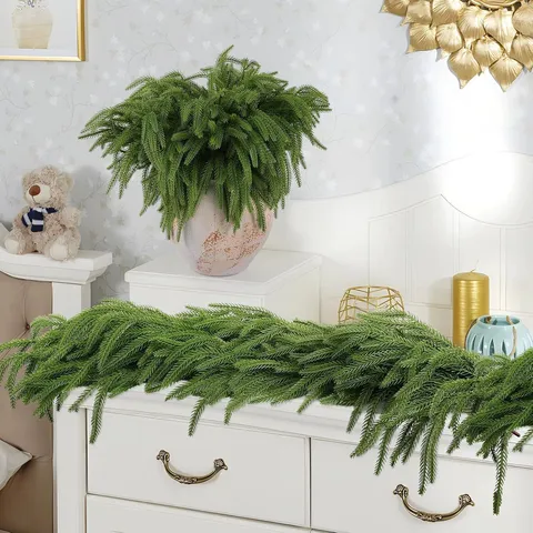 Artificial Norfolk Pine Christmas Garland Real Touch Greenery Wreath For Mantel Stair Railing Fireplace Holiday Home Decoration Green Pine Needle Garland