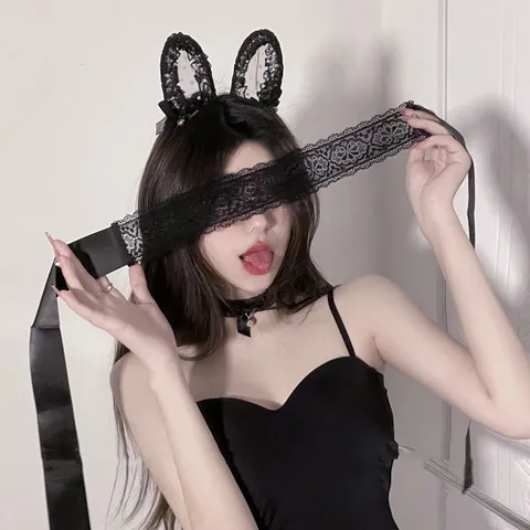 Cute Cat Ear Headband Lace Eye Mask Bell Choker Set Sexy Cosplay Hair Accessories Women Party Photography Prop