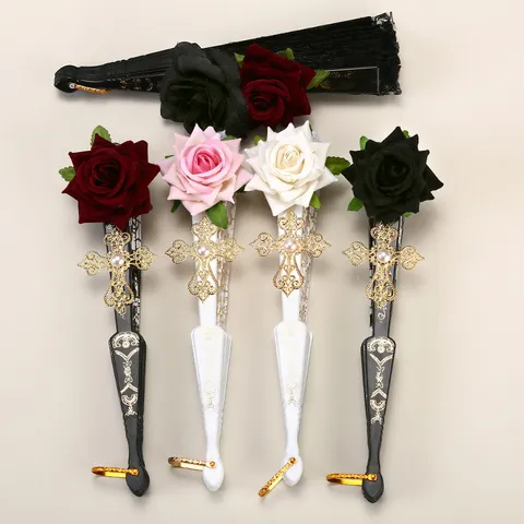Vintage Court Style Lace Folding Fan Gothic Rose Tassel Hand Fan Tea Party Comic Exhibition Photo Prop