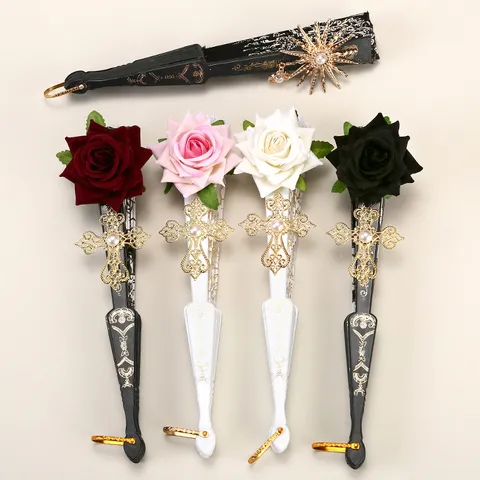 Vintage Court Style Lace Folding Fan Gothic Rose Tassel Hand Fan Tea Party Comic Exhibition Photo Prop