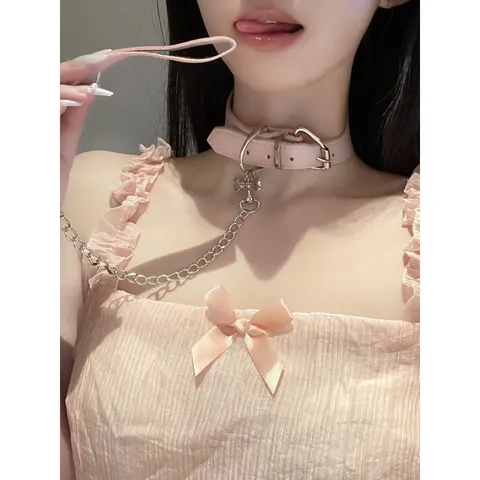 PU Leather Puppy Bone Collar Choker Necklace With Bell Metal Chain Gothic Punk Aesthetic Cute Jewelry For Women