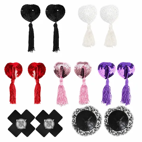 Sexy Tassel Heart Pasties Lace Cross Nipple Covers And Bell Nipple Clamps For Women Intimate Party Apparel
