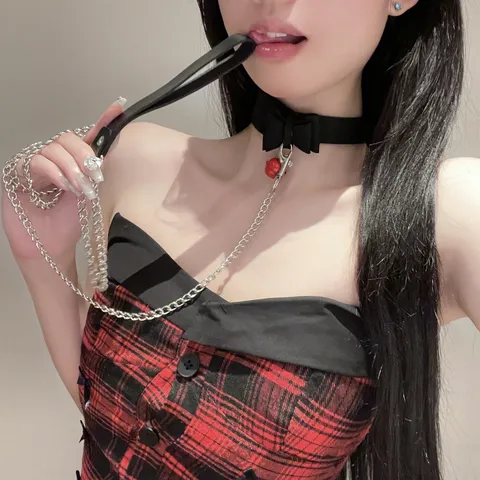 Gothic PU Leather Choker Necklace With Bell Bowknot And Leash Chain Punk Style Collar For Women Party Jewelry