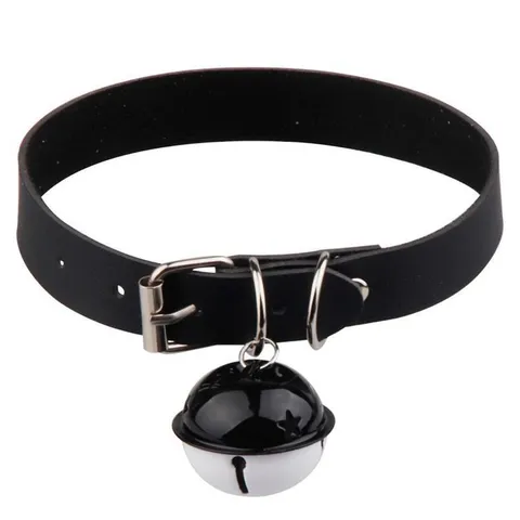 Gothic Maid PU Leather Choker Necklace With Big Bell Cute Cosplay Neck Ring With Metal Leash Collar For Women Jewelry