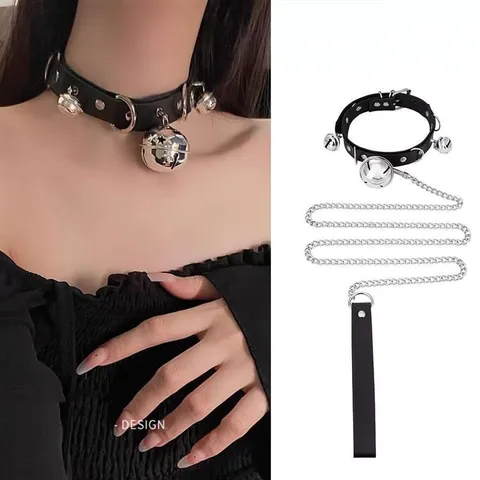 PU Leather Bell Choker Necklace Harajuku Gothic Collar With Chain Cute Maid Style Fashion Jewelry For Women