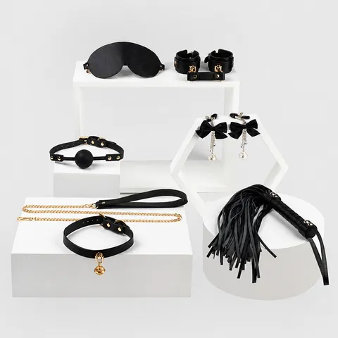 Adult PU Leather Bondage Set BDSM Restraint Kit Handcuffs Collar Eye Mask Nipple Clamps Floggers Sex Toys for Couples
