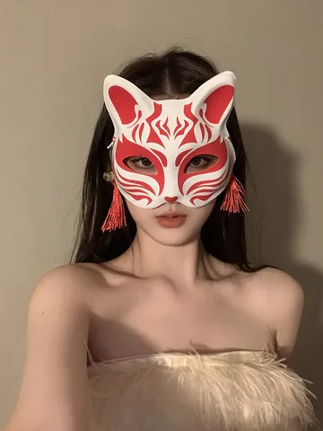 Traditional Japanese Fox Mask Painted Half Face Mask With Tassel Bell For Party Masquerade Festival Cosplay Costume Props