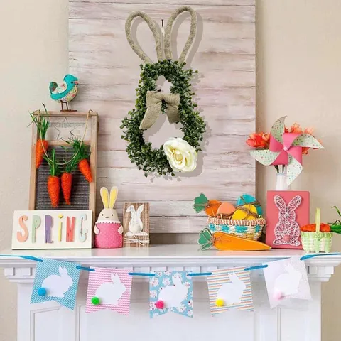 Easter Bunny Eucalyptus Wreath With Linen Ears White Rose Artificial Flower Garland For Front Door Wall Home Decor Gift