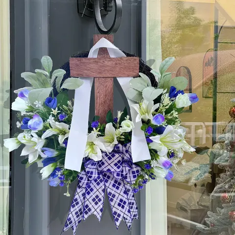 Easter Cross Wreath For Front Door Decoration Artificial Lily Tulip Flowers Wreath With Wood Cross Purple Checkered Bow