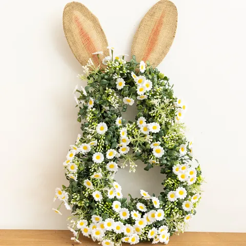 Easter Bunny Wreath Artificial Daisy Greenery Rabbit Shaped Wreath With Burlap Ears For Front Door Home Wall Decor Farmhouse Spring Holiday Hanging Decoration