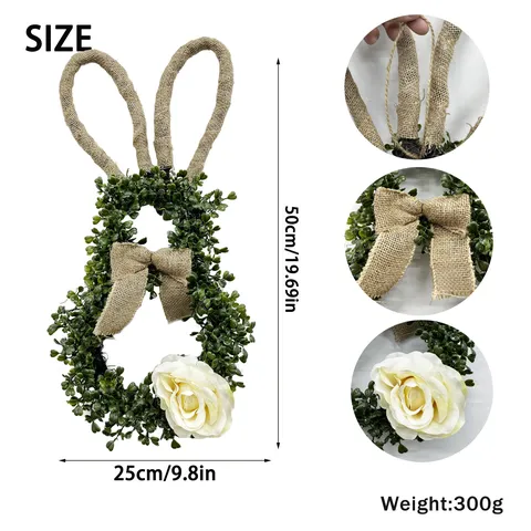 Easter Bunny Eucalyptus Wreath With Linen Ears White Rose Artificial Flower Garland For Front Door Wall Home Decor Gift