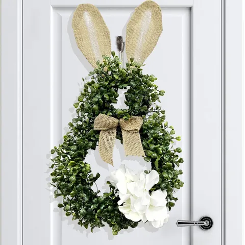 Easter Eucalyptus Bunny Wreath Wall Hanging Rabbit Shaped Greenery Wreath Linen Ears Hydrangea Front Door Spring Party Decor