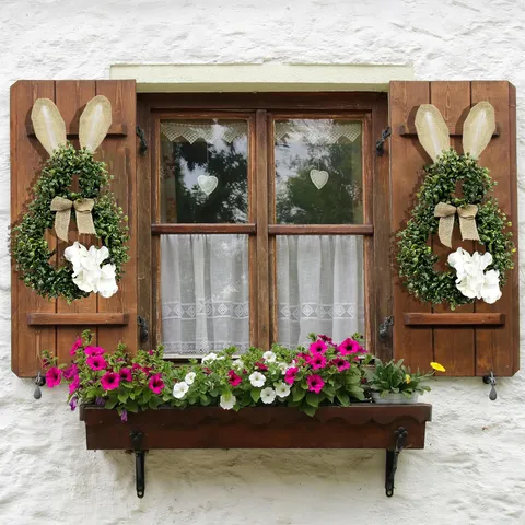 Easter Bunny Wreath Artificial Greenery Rabbit Wreath With Burlap Ears Hydrangea Flower For Front Door Wall Home Decor