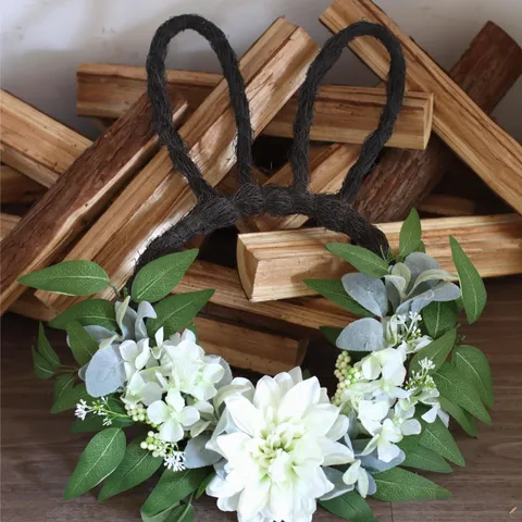 Easter Rabbit Ear Artificial Flower Wreath White Dahlia Hydrangea Simulation Greenery Vine Woven Front Door Hanging Spring Home Decor