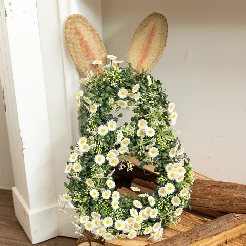 Easter Bunny Wreath Artificial Daisy Greenery Rabbit Shaped Wreath With Burlap Ears For Front Door Home Wall Decor Farmhouse Spring Holiday Hanging Decoration