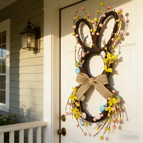 Foldable Easter Bunny Rattan Wreath With Artificial Eggs And Burlap Bow Rustic Rabbit Garland For Front Door Home Decor