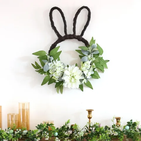 Easter Rabbit Ear Artificial Flower Wreath White Dahlia Hydrangea Simulation Greenery Vine Woven Front Door Hanging Spring Home Decor